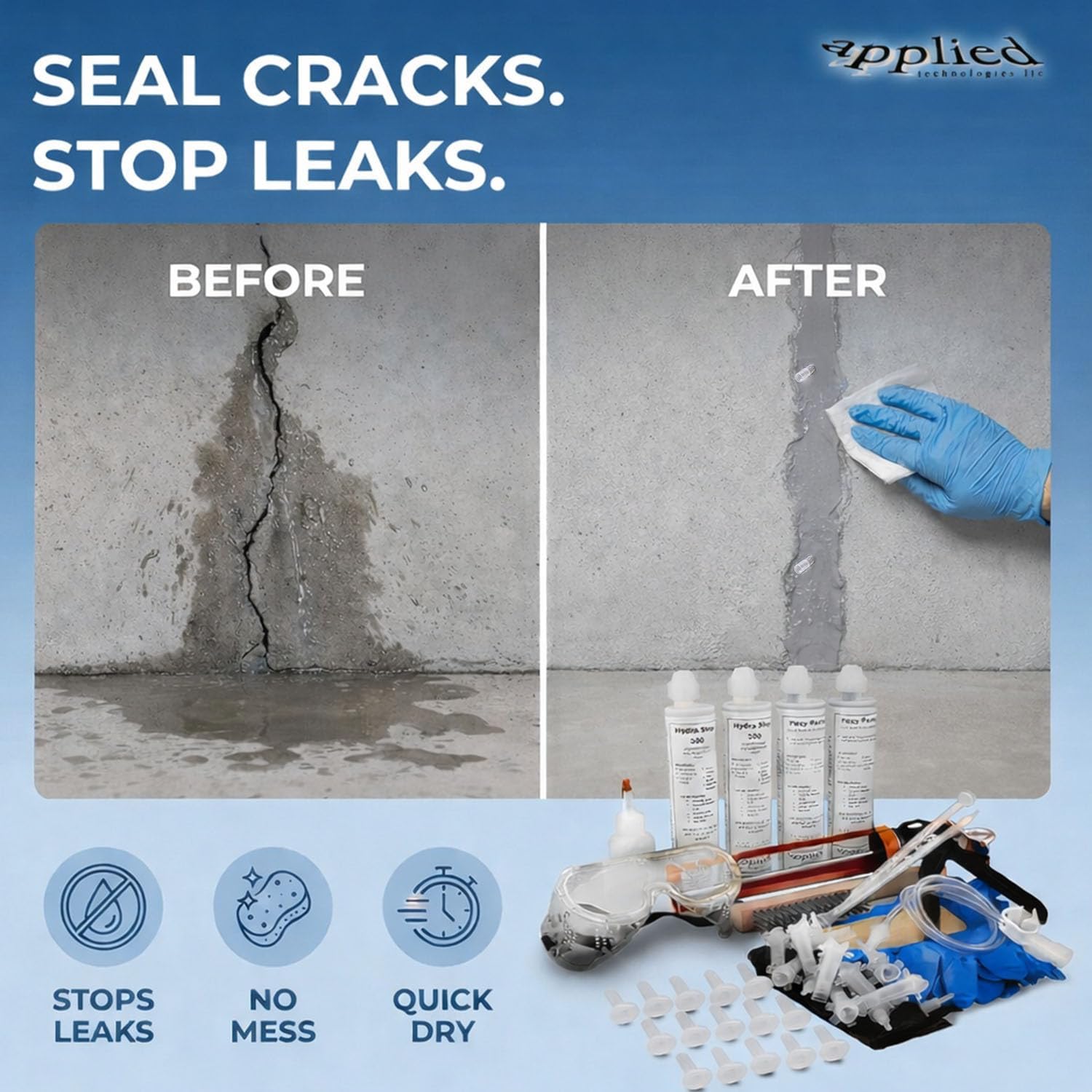 10′ Fast Set Concrete Foundation Crack Repair Kit-Hydra Stop 300 Injection System, Polyurethane Concrete Crack Repair, Basement Wall Leak Sealant & Foundation Concrete Filler, Tough Waterproof Seal