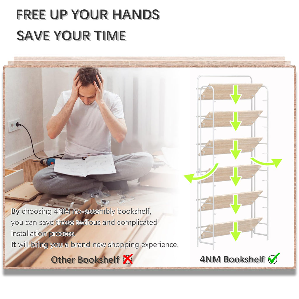 4NM No Assembly Folding Bookshelf, 3 Tiers Collapsible Book Shelves Open Industrial Foldable Storage Bookcase Shelf for Bedroom, Living Room, Home Office - Natural and White