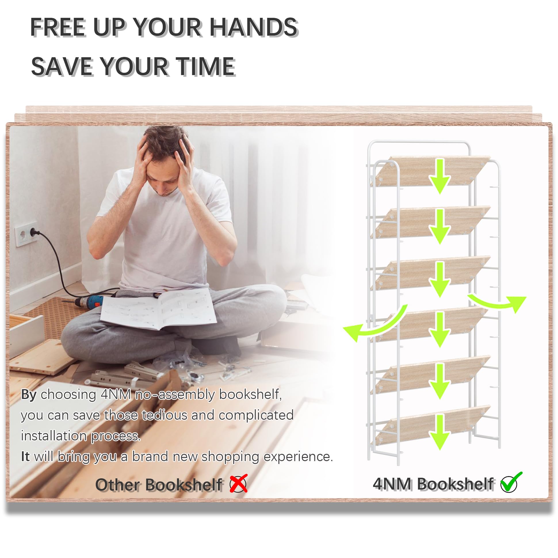 4NM No Assembly Folding Bookshelf, 3 Tiers Collapsible Book Shelves Open Industrial Foldable Storage Bookcase Shelf for Bedroom, Living Room, Home Office - Natural and White