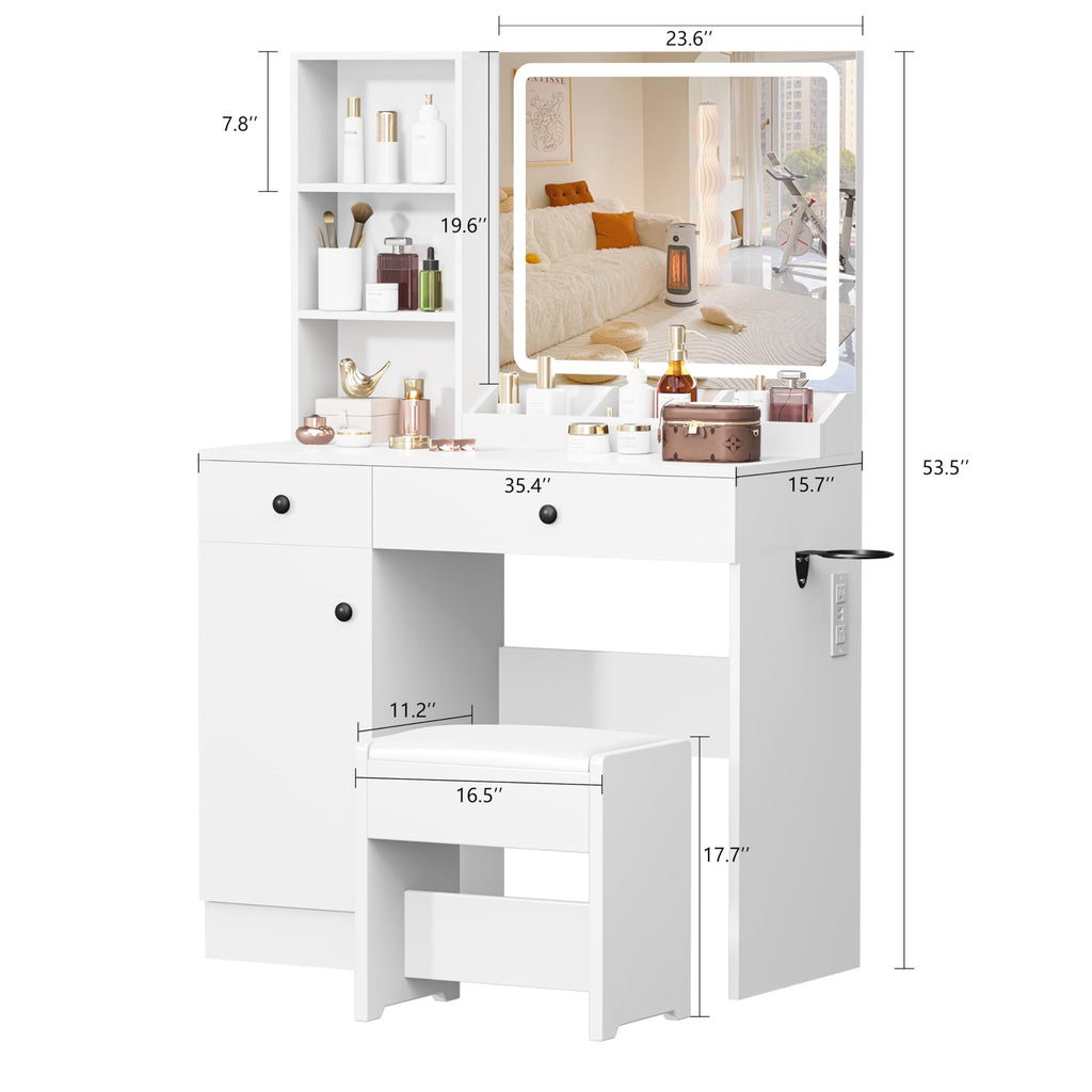 YIKEHOME Makeup Vanity Desk with Mirror and 10 Lights, 3-Colour Hollywood Brighter Bulbs, Vanity Table Set with Large Drawers and and Charging Station for Bedroom Dressing Room White