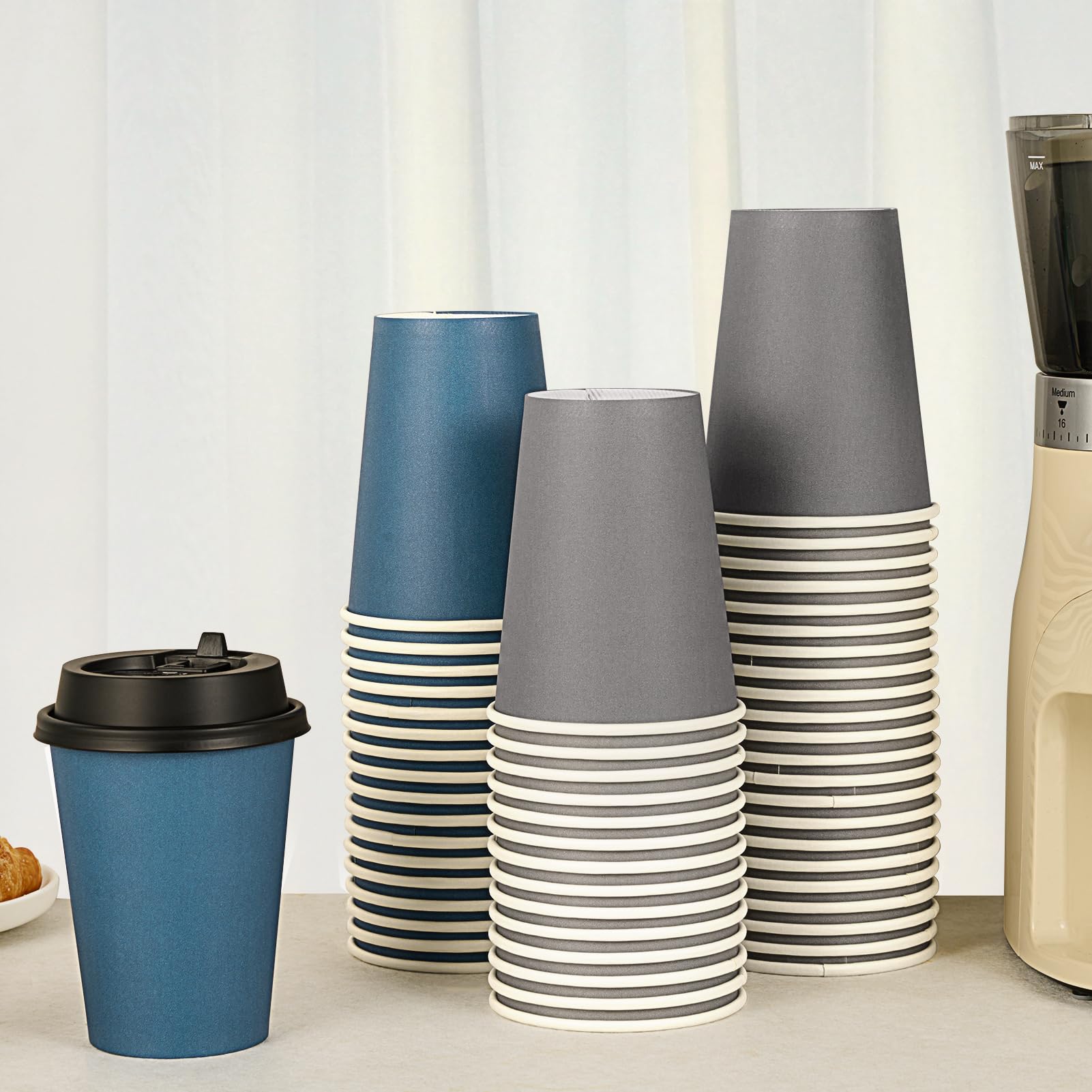 LITOPAK 100 Pack 10 oz Disposable Paper Coffee Cups with Lids for Coffee, Water, Juice, or Tea, Blue and Gray Hot Paper Cups for Home, Restaurant, Store, and Cafe