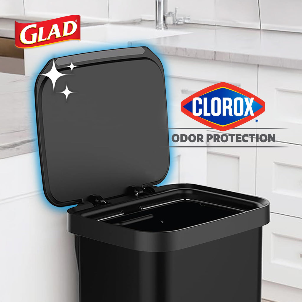 Glad 13 Gallon All Brushed Stainless Steel Trash Can with Clorox Odor Protection | Large Metal Kitchen Garbage Bin with Soft Close Lid, Garbage Bag Rings, Step On Foot Pedal and Waste Bag Roll Holder