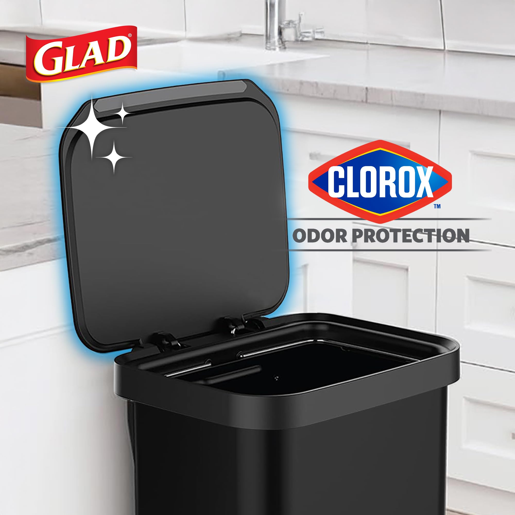 Glad 13 Gallon All Brushed Stainless Steel Trash Can with Clorox Odor Protection | Large Metal Kitchen Garbage Bin with Soft Close Lid, Garbage Bag Rings, Step On Foot Pedal and Waste Bag Roll Holder
