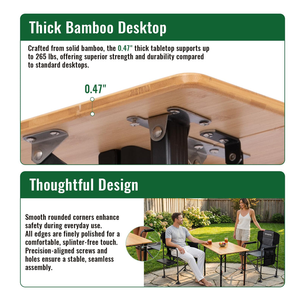 KingCamp Bamboo Folding Table, 4-Fold Camping Adjustable Height Portable Outdoor Lightweight & Compact Table with Aluminum Frame for RV Picnic BBQ Tailgating