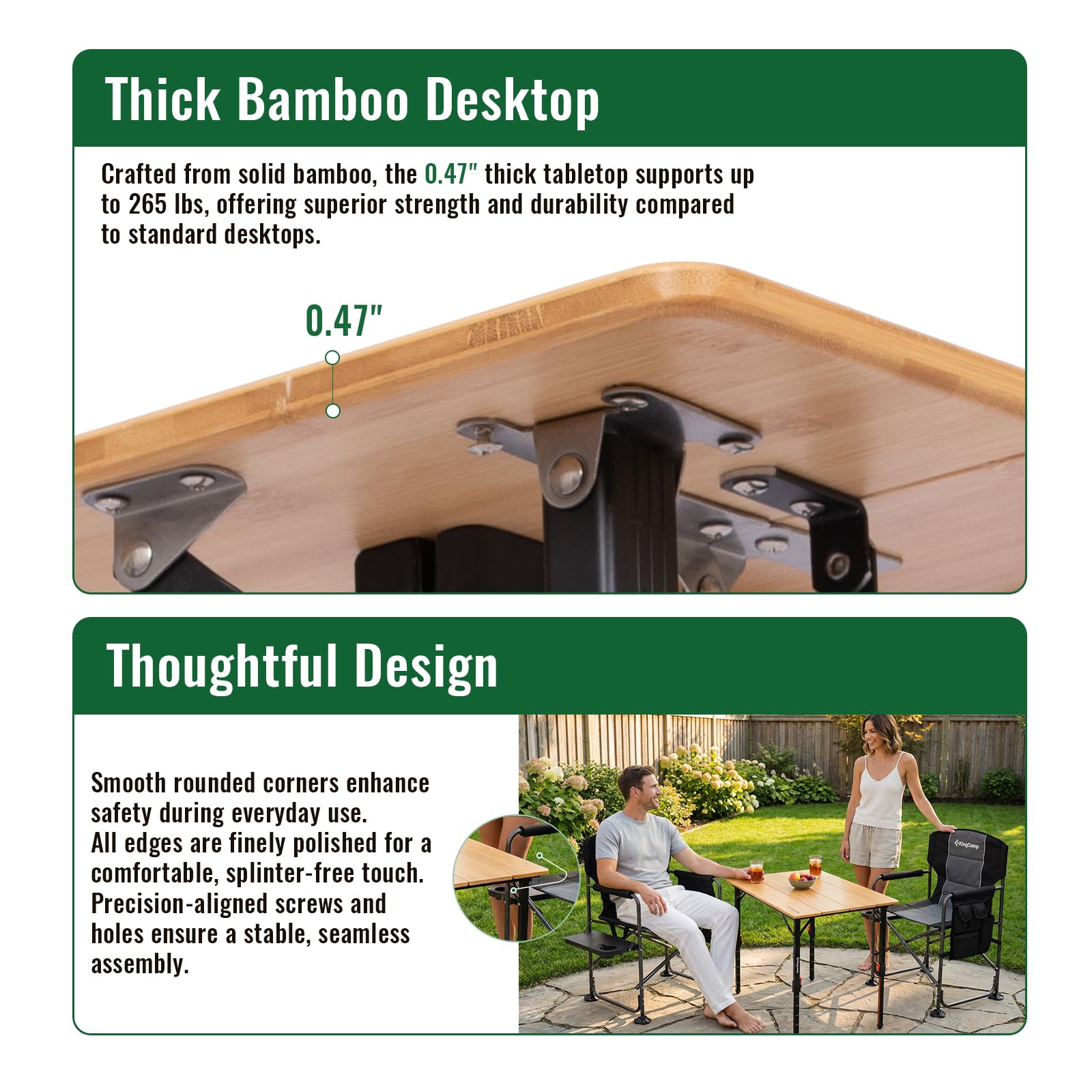 KingCamp Bamboo Folding Table, 4-Fold Camping Adjustable Height Portable Outdoor Lightweight & Compact Table with Aluminum Frame for RV Picnic BBQ Tailgating