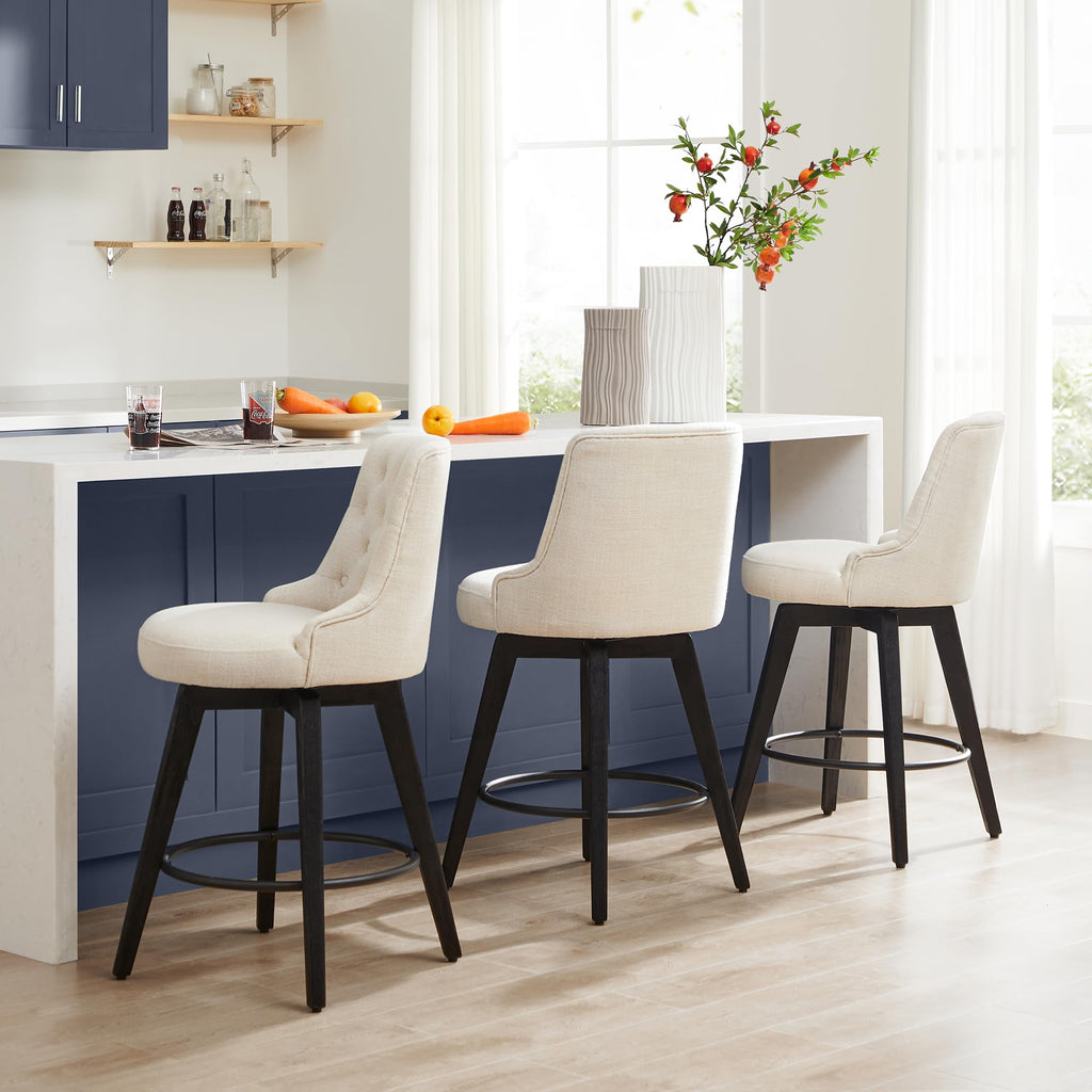 Watson & Whitely Counter Height Bar Stools, Performance Fabric Upholstered Modern Swivel Barstool with Back, Solid Wood Legs, 26" H Seat, Flint Grey