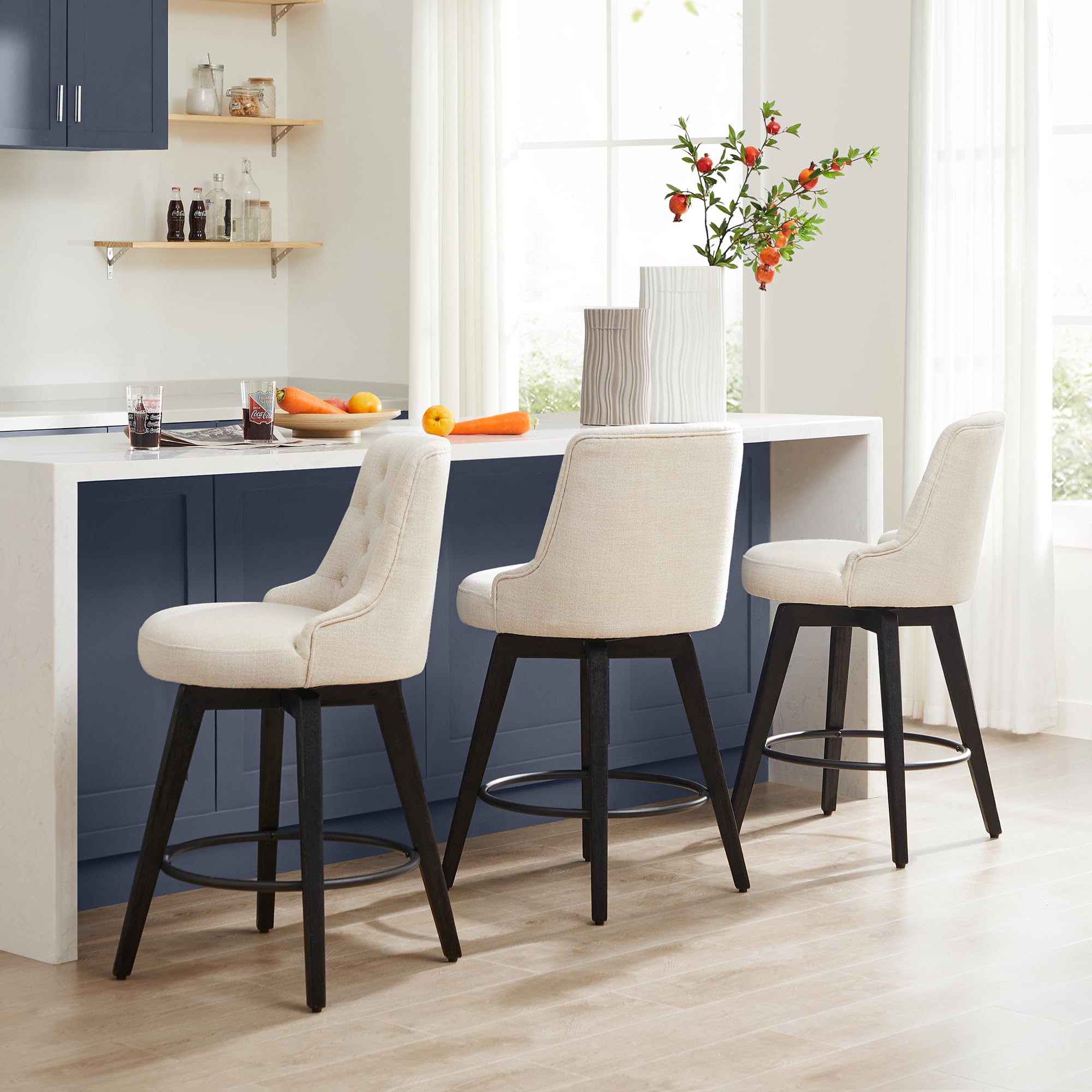 Watson & Whitely Counter Height Bar Stools, Performance Fabric Upholstered Modern Swivel Barstool with Back, Solid Wood Legs, 26" H Seat, Flint Grey