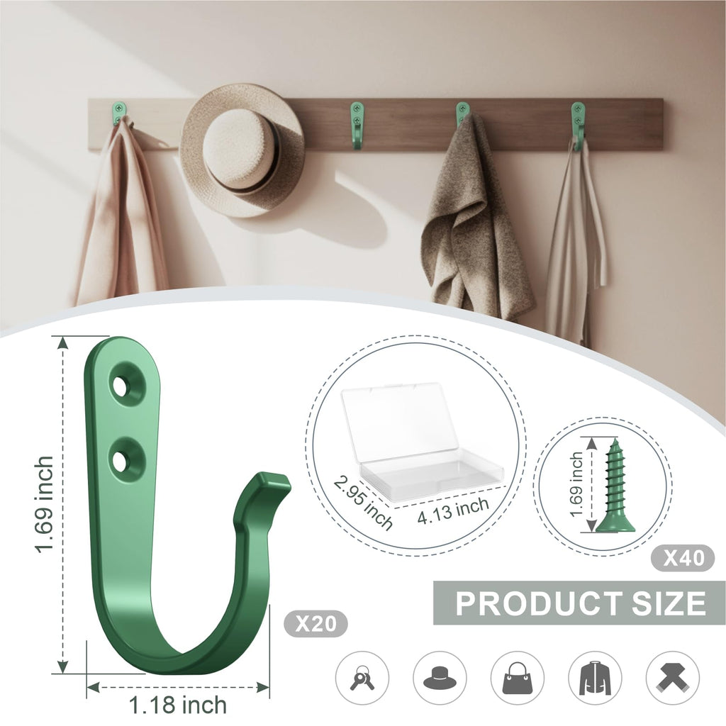 BREYDROK 20PCS Heavy Duty Metal Coat Hooks for Wall, Single Prong Hanging Hooks with 40 Screws for Towels, Backpacks, Hats & Dog Leashes