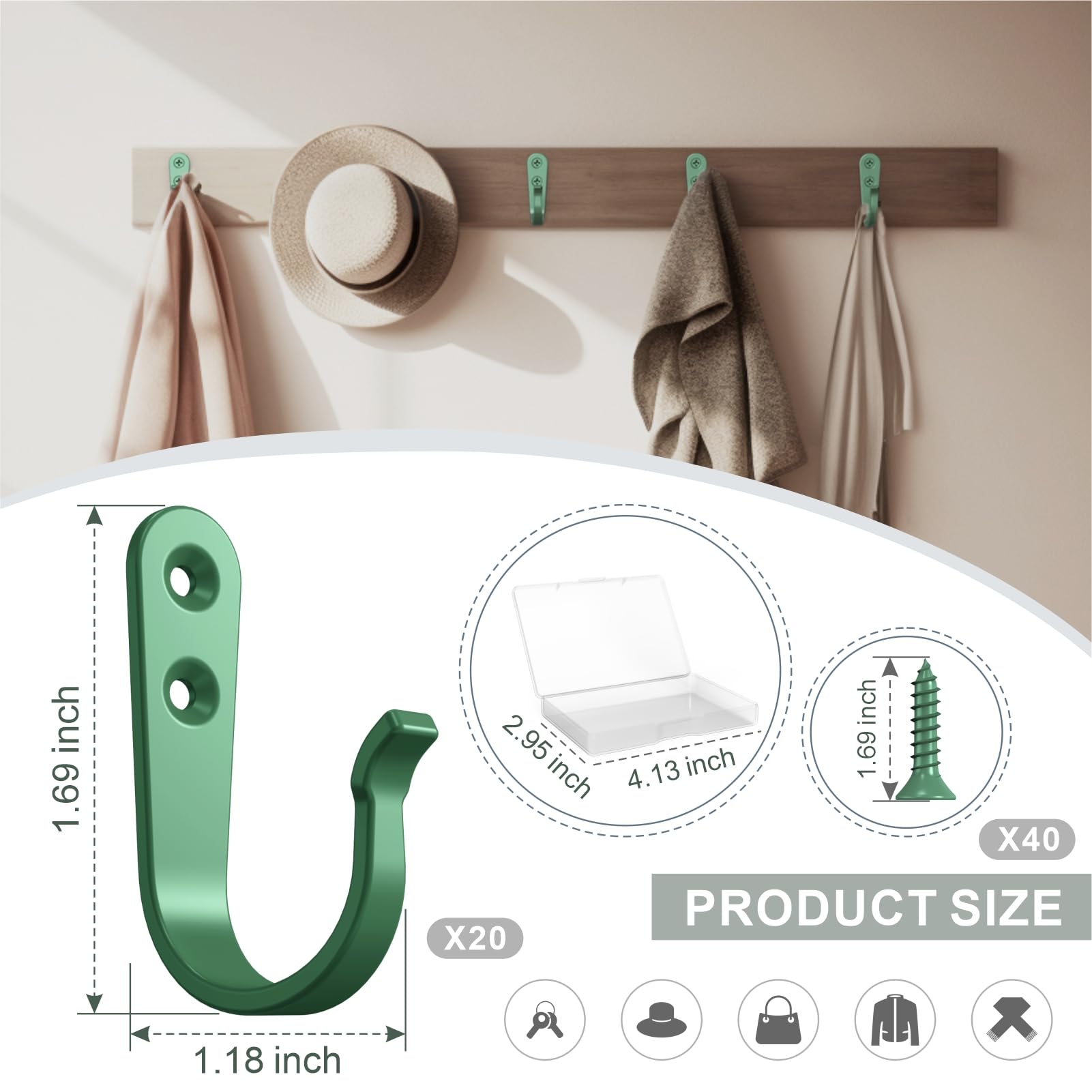 BREYDROK 20PCS Heavy Duty Metal Coat Hooks for Wall, Single Prong Hanging Hooks with 40 Screws for Towels, Backpacks, Hats & Dog Leashes
