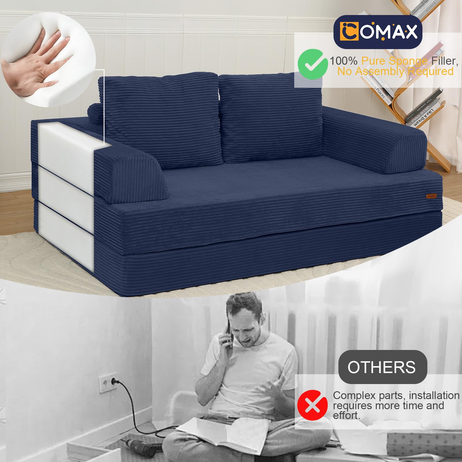 COMAX Futon Sofa Bed, 4‑in‑1 Convertible Sofa Bed, Folding Boneless Couches | Boneless Couch for living room, Fold Out Small Foldable Loveseat Floor Sleeper Mattress Lounge Space‑Saving, Ash Gray