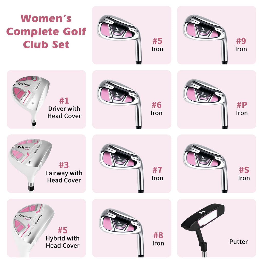 Tangkula 9/10/12 Pieces Women's Complete Golf Clubs Set, Golf Club Package Set with 460CC Driver, Fairway Wood & Hybrid, Irons, Putter, Portable Regular Golf Club Set
