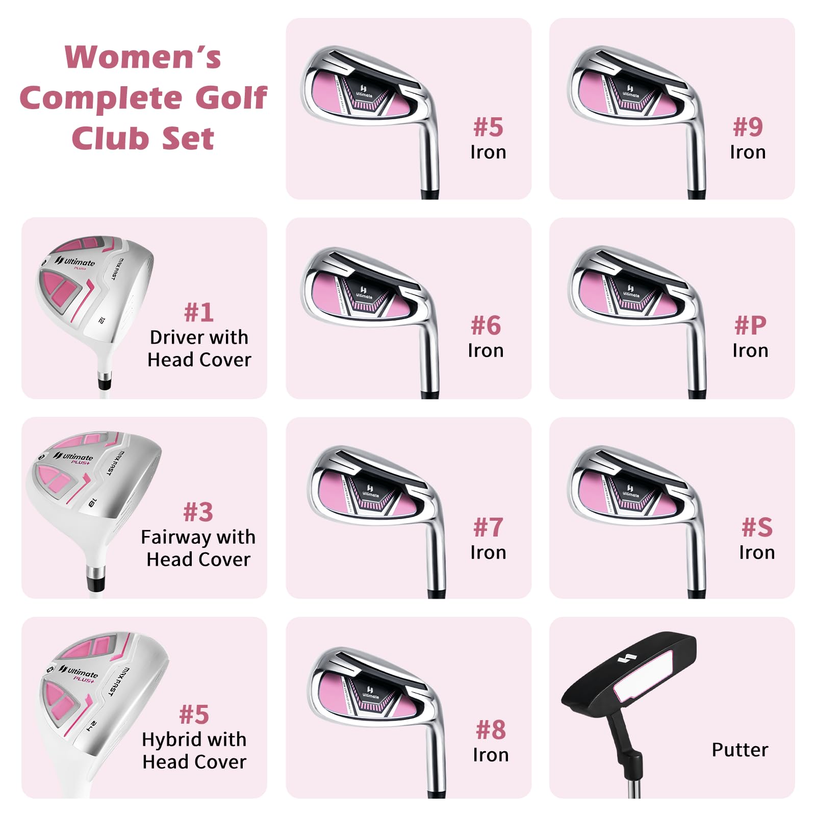 Tangkula 9/10/12 Pieces Women's Complete Golf Clubs Set, Golf Club Package Set with 460CC Driver, Fairway Wood & Hybrid, Irons, Putter, Portable Regular Golf Club Set