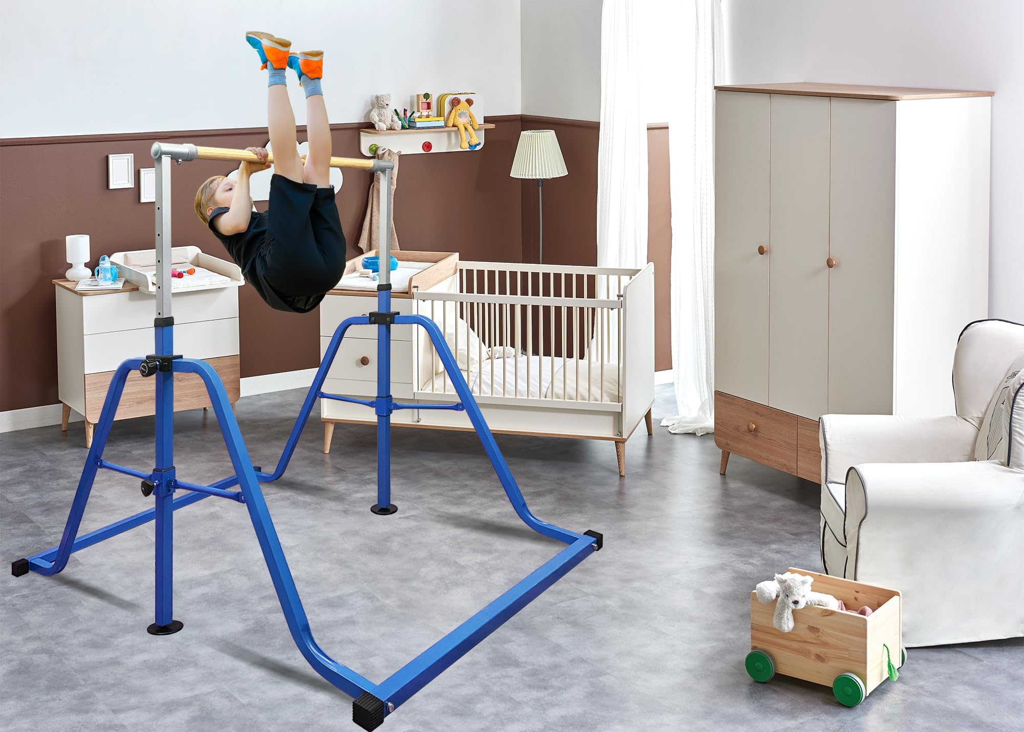 Foldable & Moveable Gymnastics Horizontal Bar with Rings,3’to 5’Adjustable Height Expandable Junior Kip Bar for Home,Indoor Gym Equipment for Kids