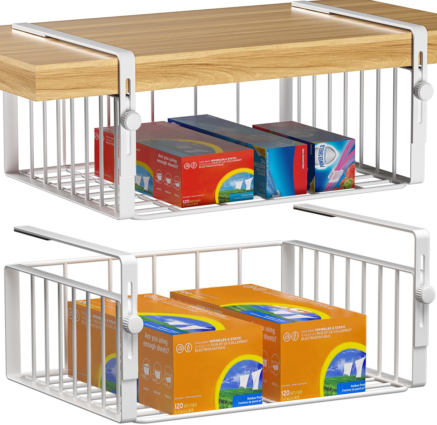 AmonHouseware 2Pack Under Shelf Basket Organizer,Adjustable Hanging Holder Storage for Cabinet Pantry Kitchen Cupboard Desk Counter Bookshelf Organization Add-on Space Saver Heavy Duty Slide-in,Black