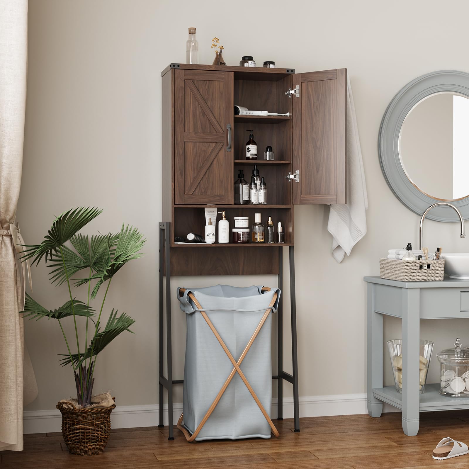 Vabches Over The Toilet Storage Cabinet with 2-Door Design Bathroom Organizers and Storage with Anti-Tip Device Over Toilet Organizer with Shelves for Bathroom,Restroom,Laundry Black