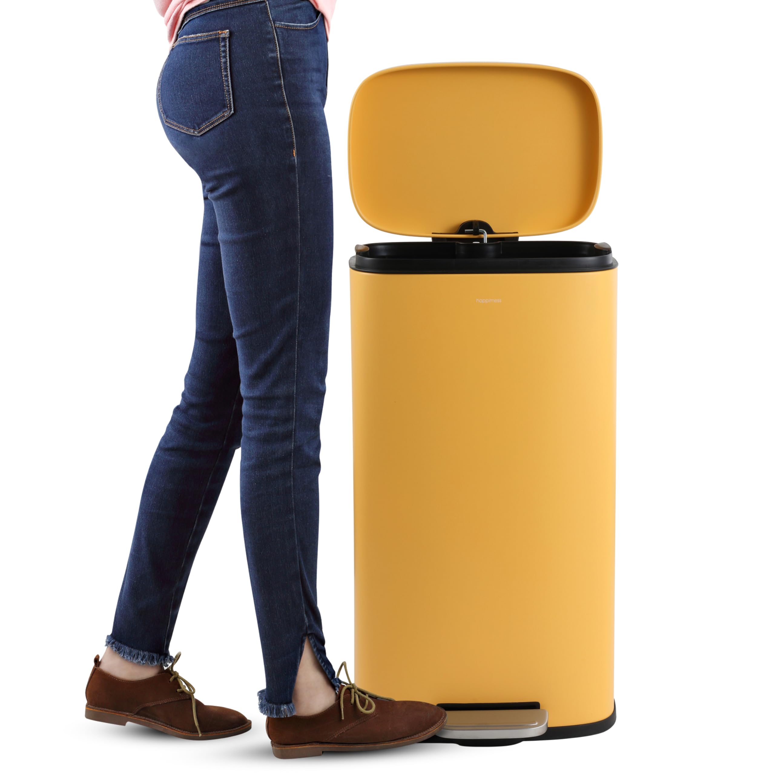 happimess HPM1011B Curtis 8-Gallon Step-Open Trash Can with Soft-Close Lid, Modern, Minimalistic, Fingerprint Proof for Home, Kitchen, Laundry Room, Office, Bedroom, Bathroom, Black
