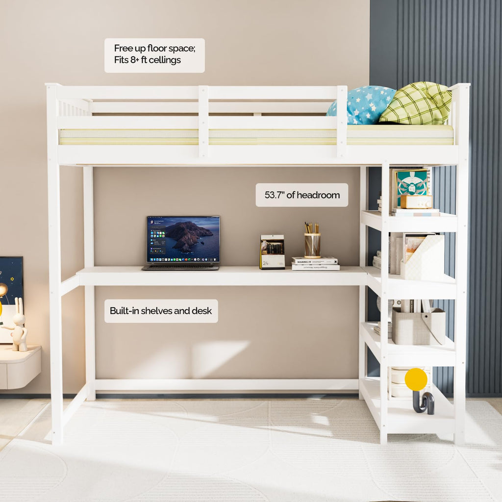 JOYMOR Low Loft Bed Twin Size with LED Lights, 4 Storage Shelves, Removable Curtain, Kids Wood Loft Bed with 15" H Safety Guardrail, Spave Saving, Mattress Not Included (Gray)