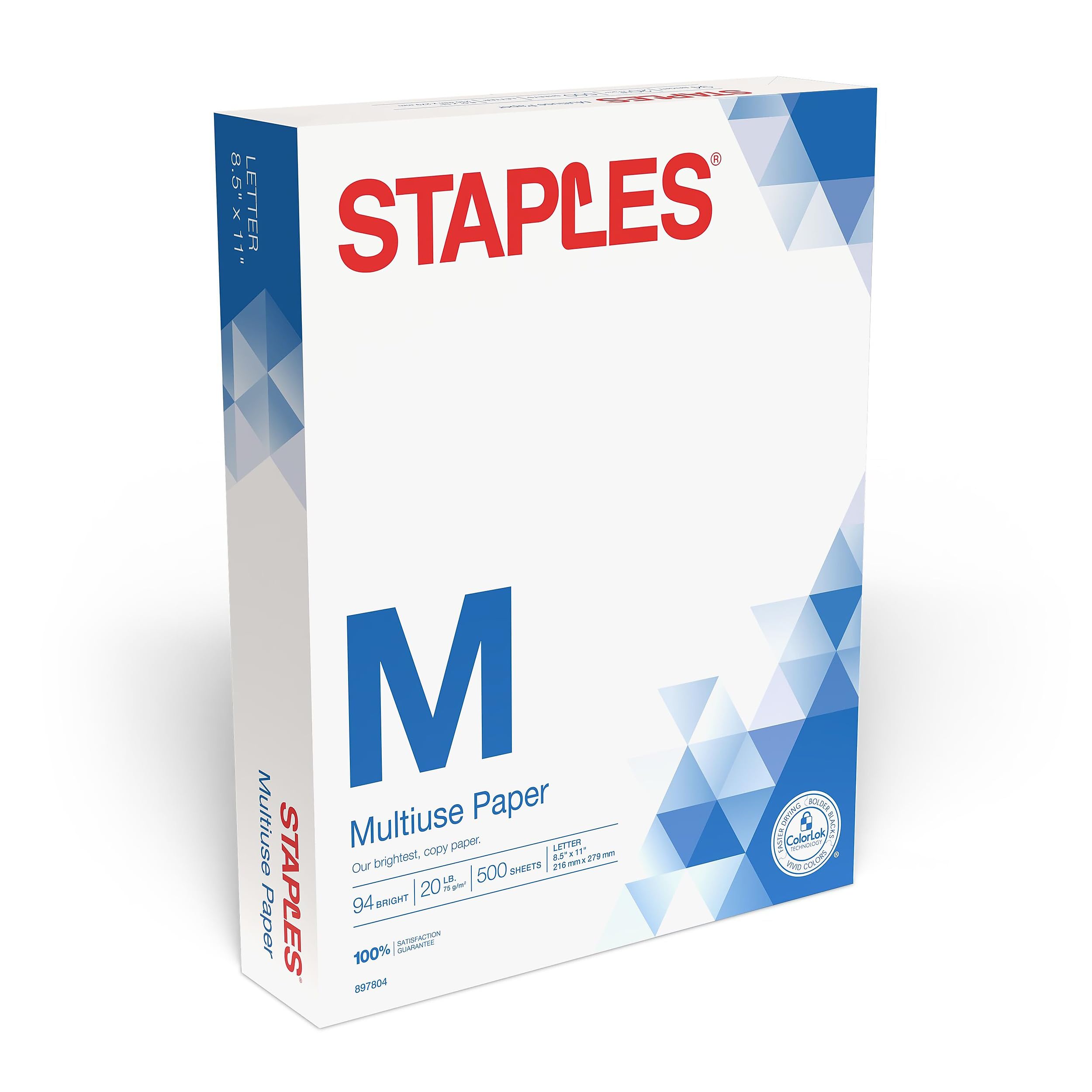 Staples Multiuse Copy Paper, 20 Lb, 94 Bright, 8 1/2" x 11", White, 3-Ream Case, For Office, School & Home
