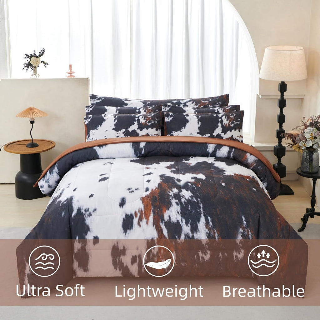 SUCSES Full Size Comforter Set with Sheets 8 Piece Cow Print Bedding Set for Boys Girls Black and White Kids Bed-in-A-Bag Farmhouse Rustic Bed Set for Bedroom (Milk Cow, Full)
