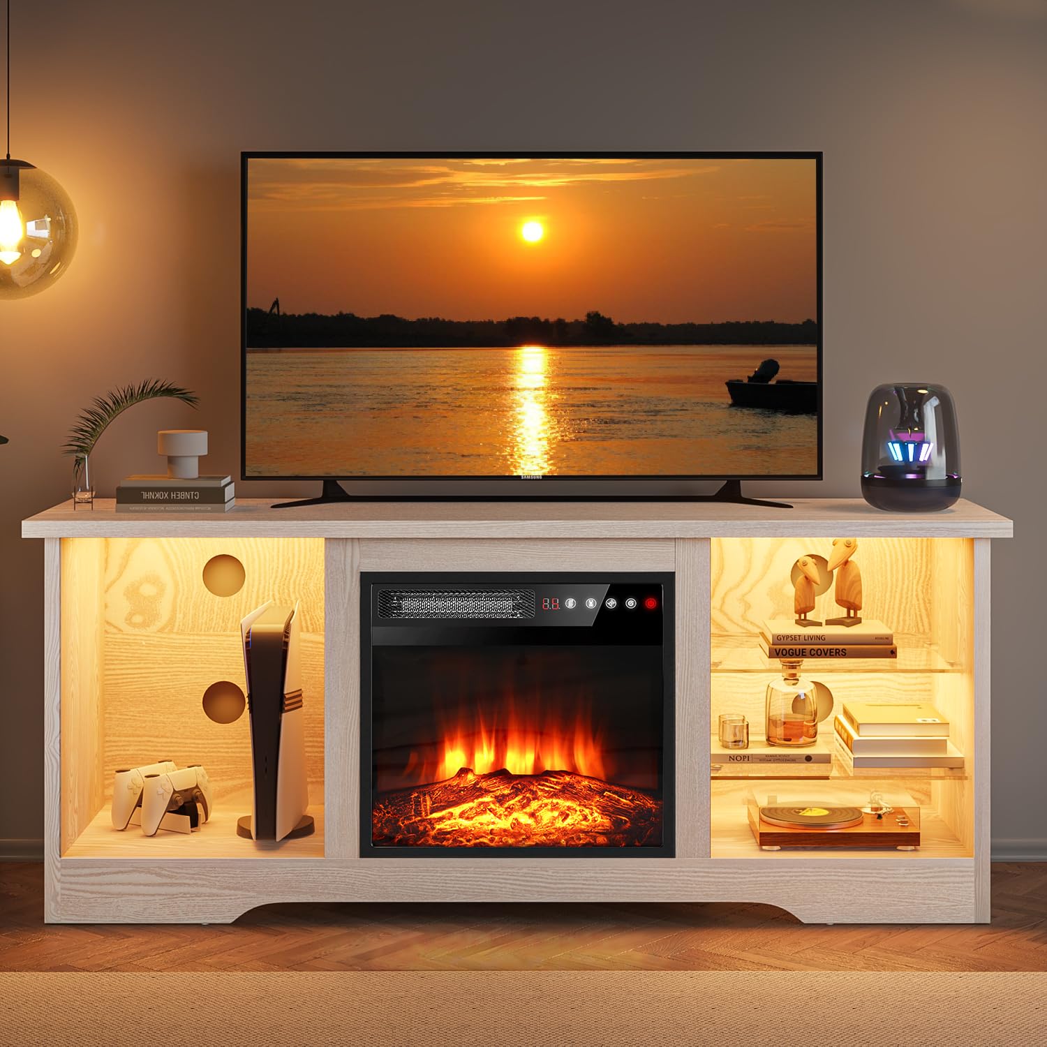 VITESSE 58 Inches Fireplace TV Stand for TVs up to 65 Inches Console with 18'' Electric Fireplace & Remote,Wooden Modern Entertainment Center for Living Room with LED Light Glass Shelves（Bei）
