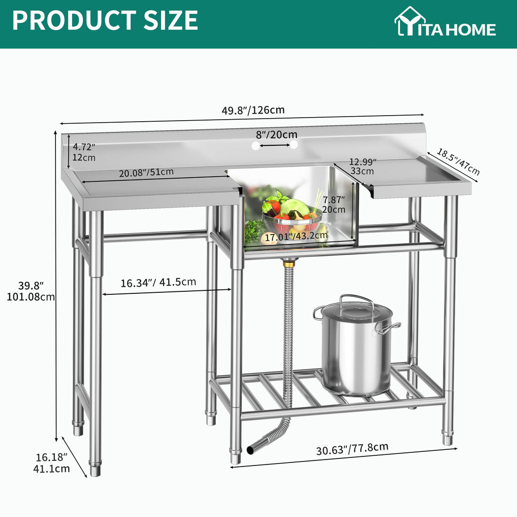 YITAHOME Freestanding Commercial 3 Bay Kitchen Under bar Sink NSF Stainless Steel 3 Compartment Bowl Outdoor Sink with Storage Shelve, Backsplash for Restaurant, Food Truck & Home (39"x 18"x 37")