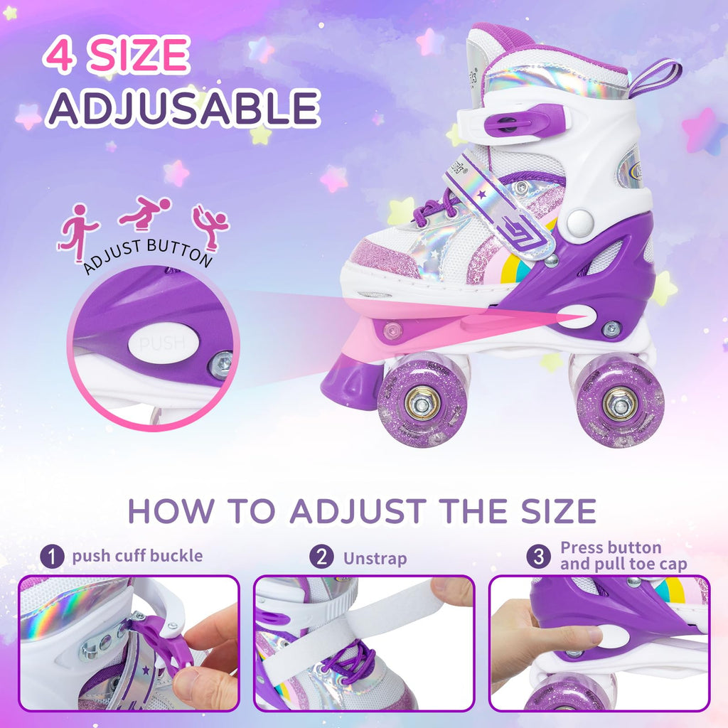 Nattork Girls Roller Skates for Kids, 4 Size Adjustable Rainbow Quad Skates with All Light Up Wheels - Best Birthday Gift for Outdoor Sports