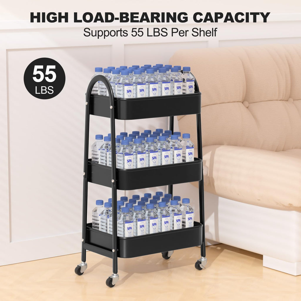 EAGMAK 3 Tier Rolling Cart, Large Metal Storage Cart with Handle and Lockable Wheels, Big Multifunctional Storage Organizer Trolley with Mesh Baskets for Kitchen, Living Room, Office, Garage (Beige)
