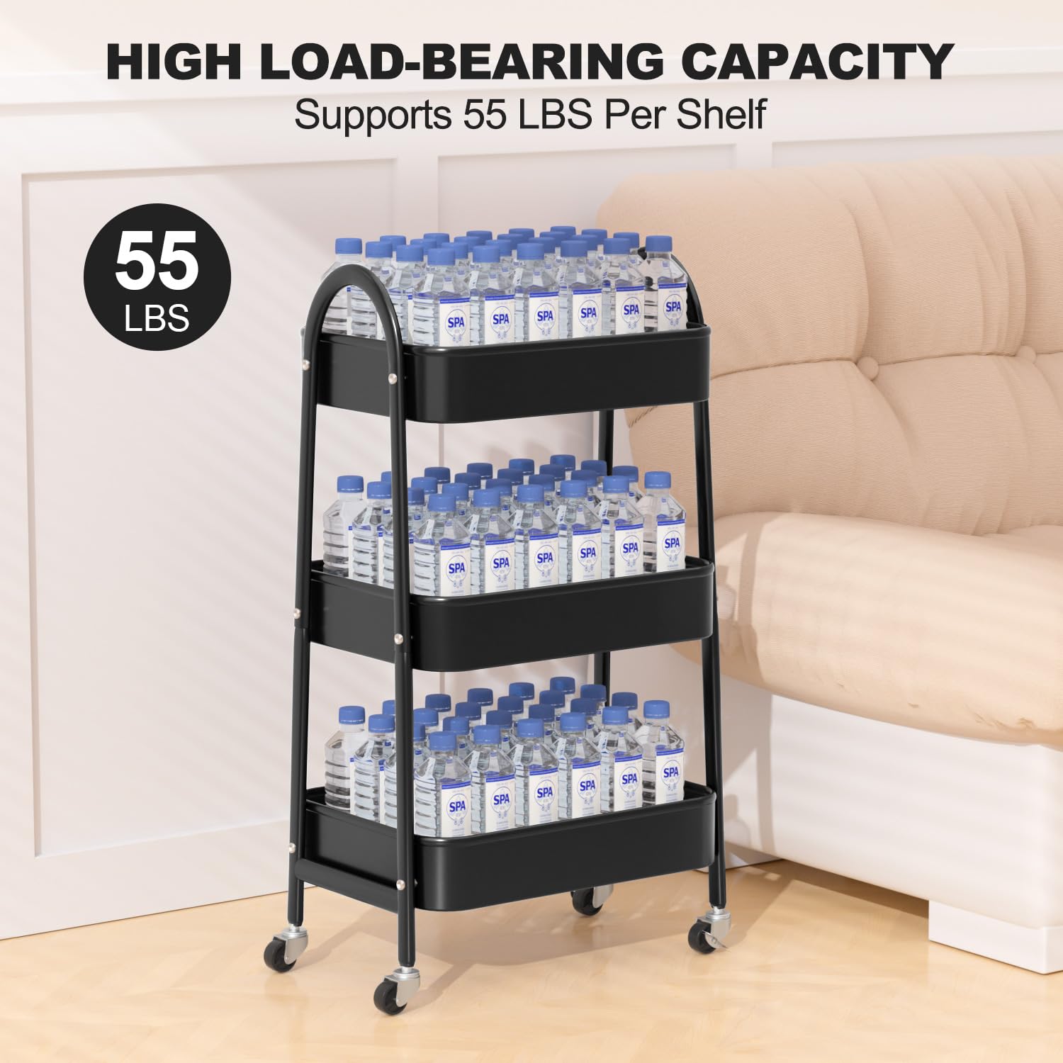EAGMAK 3 Tier Rolling Cart, Large Metal Storage Cart with Handle and Lockable Wheels, Big Multifunctional Storage Organizer Trolley with Mesh Baskets for Kitchen, Living Room, Office, Garage (Beige)