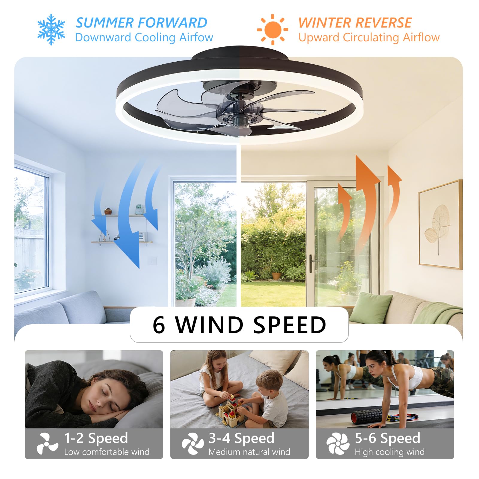 16 Inch RGB Low Profile Ceiling Fans with Lights, Modern Flush Mount Fandelier Chandelier Fixture, Remote & APP Control, Black LED Ceiling Fan Light for Bedroom, Living Room, Kitchen Indoor