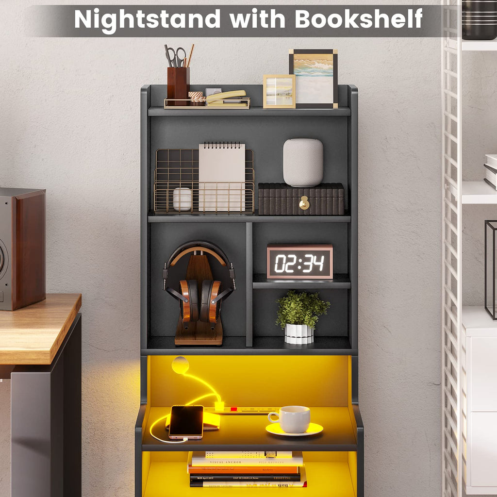 BTHFST Tall Nightstand with LED Lights and Charging Station, LED Black Nightstand with Shelves and 2 Drawers, Bedside Table with Bookshelf, Tall Side End Table with Storage