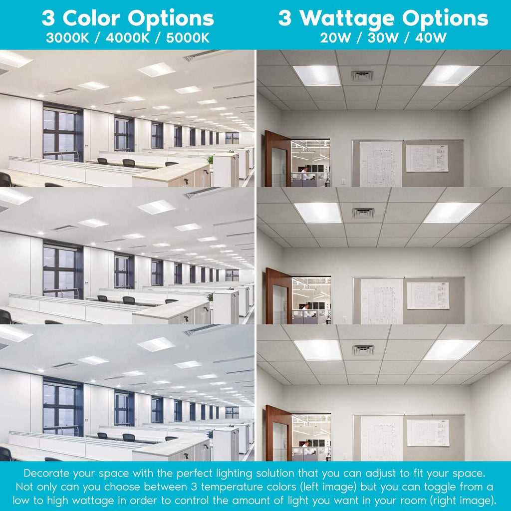 2x2 FT Center Basket LED Troffer Panel Light, 20/30/40W, 3 Color Options 3000K | 4000K | 5000K, Dimmable Drop Ceiling Lights, 2500/3750/5000 Lumens, Damp Rated, 120-277V, Premium (4 Pack)