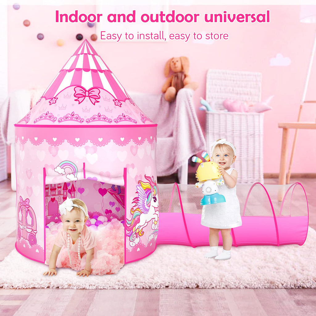 GeerWest 3PC Dinosaur Tent for Girls with Kids Ball Pit, Kids Play Tents and Crawl Tunnel for Toddlers, Pink Pop Up Playhouse Toys for Baby Indoor& Outdoor Tent Games, Birthday Kid’s Gifts