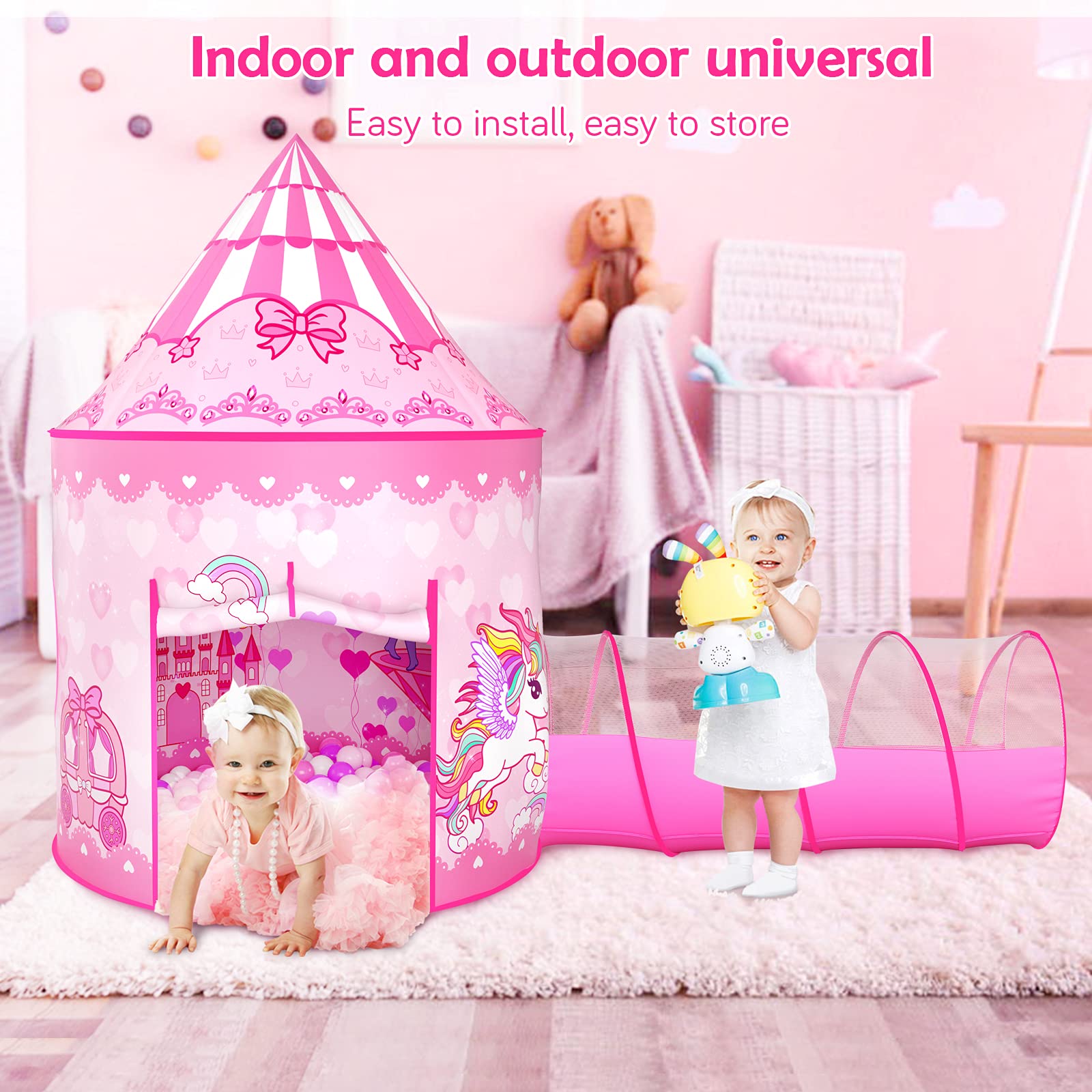 GeerWest 3PC Dinosaur Tent for Girls with Kids Ball Pit, Kids Play Tents and Crawl Tunnel for Toddlers, Pink Pop Up Playhouse Toys for Baby Indoor& Outdoor Tent Games, Birthday Kid’s Gifts