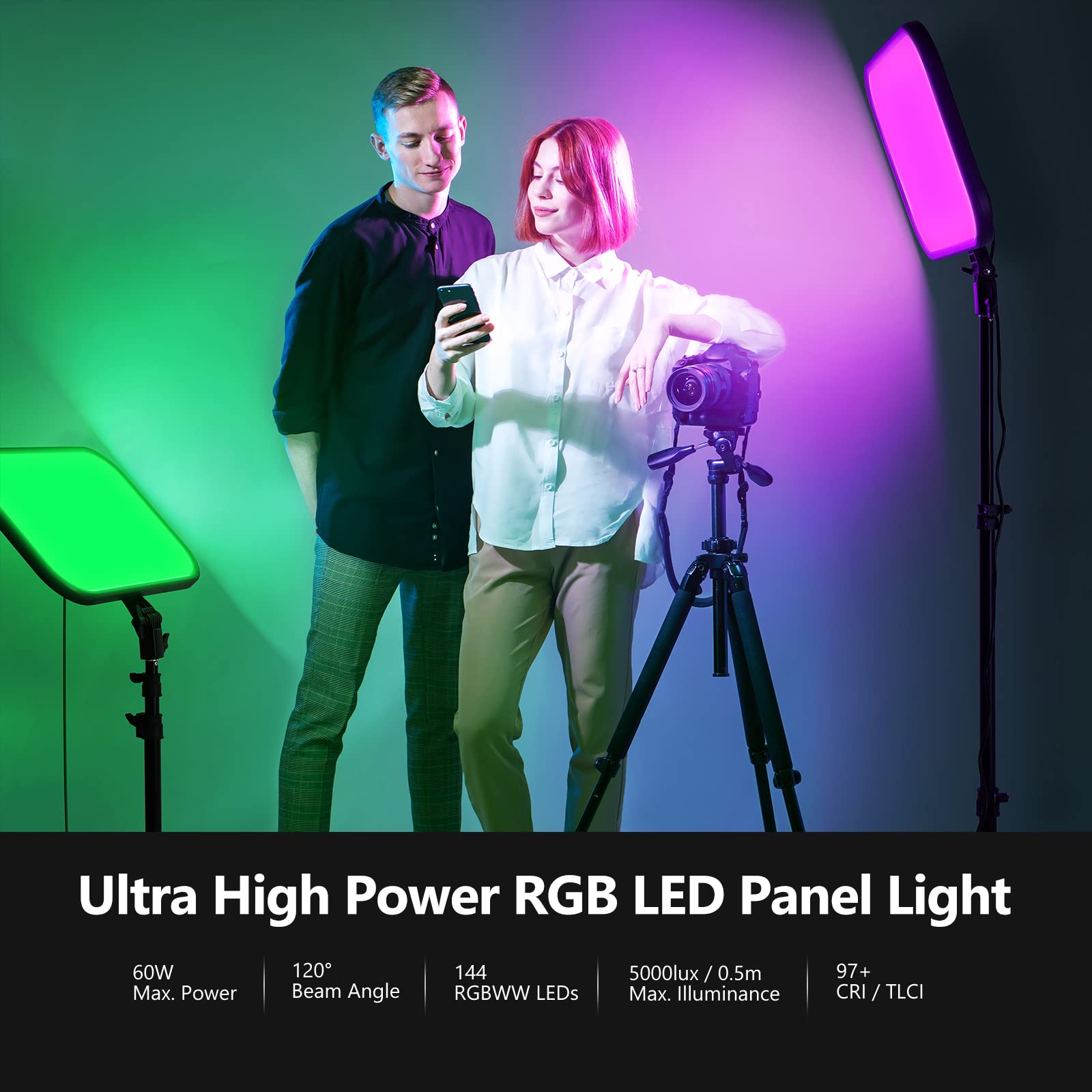 NEEWER RGB168 18.3" RGB LED Video Panel Light with App Control, Bluetooth, 2 Pack Tripod Stand Kit, 60W/360° Full Color/2500-8500K/CRI97+, Studio Photography/YouTube/Game Streaming