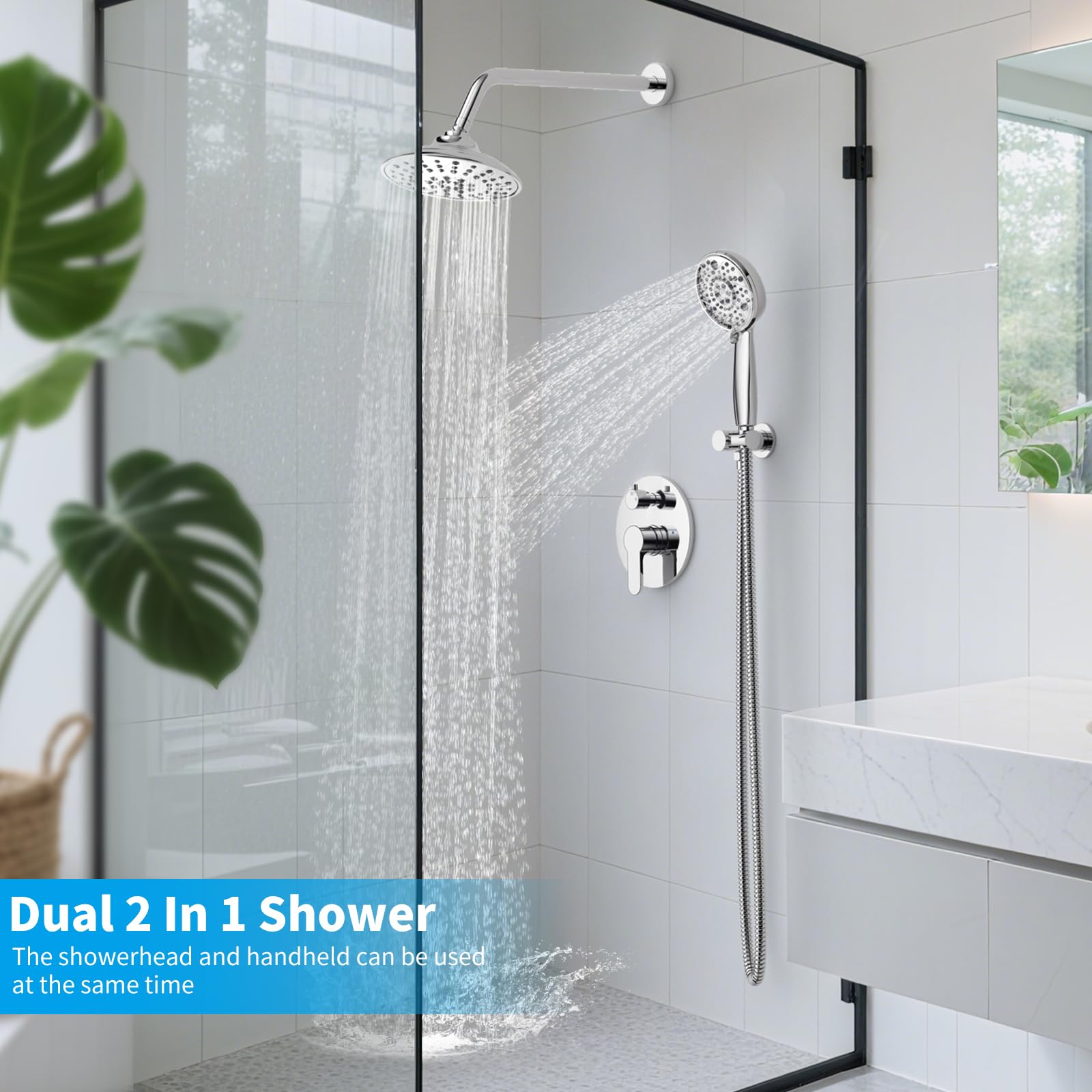 EMBATHER Shower Faucets Sets Complete, with 3 Setting High Pressure Shower Head Combo, Bathroom Wall Mounted Rainfall Shower System Fixtures with 8-Mode Handheld Spray, Brushed Nickel