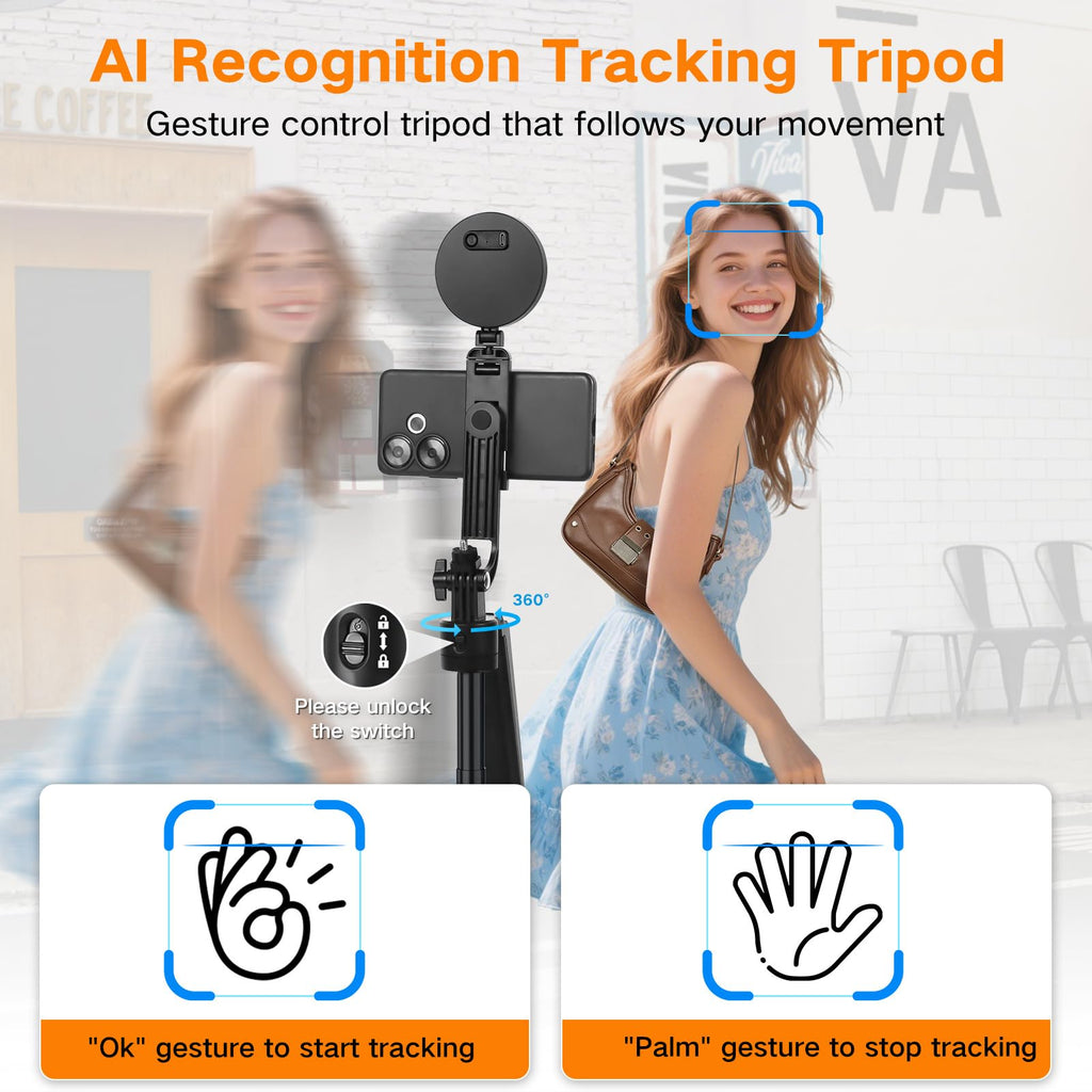 Auto Face Tracking Tripod 360 Rotation with Stand,Android and iPhone Tripod Holder with Remote and Gesture Control, No App,Built-in Tracking Camera Selfie Stick for Vlog Video Recording Tiktok