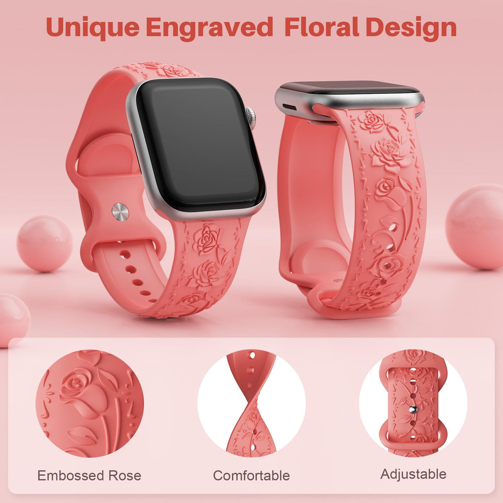 Floral Engraved Band Compatible with Apple Watch Band 40mm 41mm 38mm 42mm 44mm 45mm 46mm 49mm Women, Soft Silicone Cute Embossed Flower Strap for iWatch Band Series SE Ultra 11 10 9 8 7 6 5 4 3 2 1