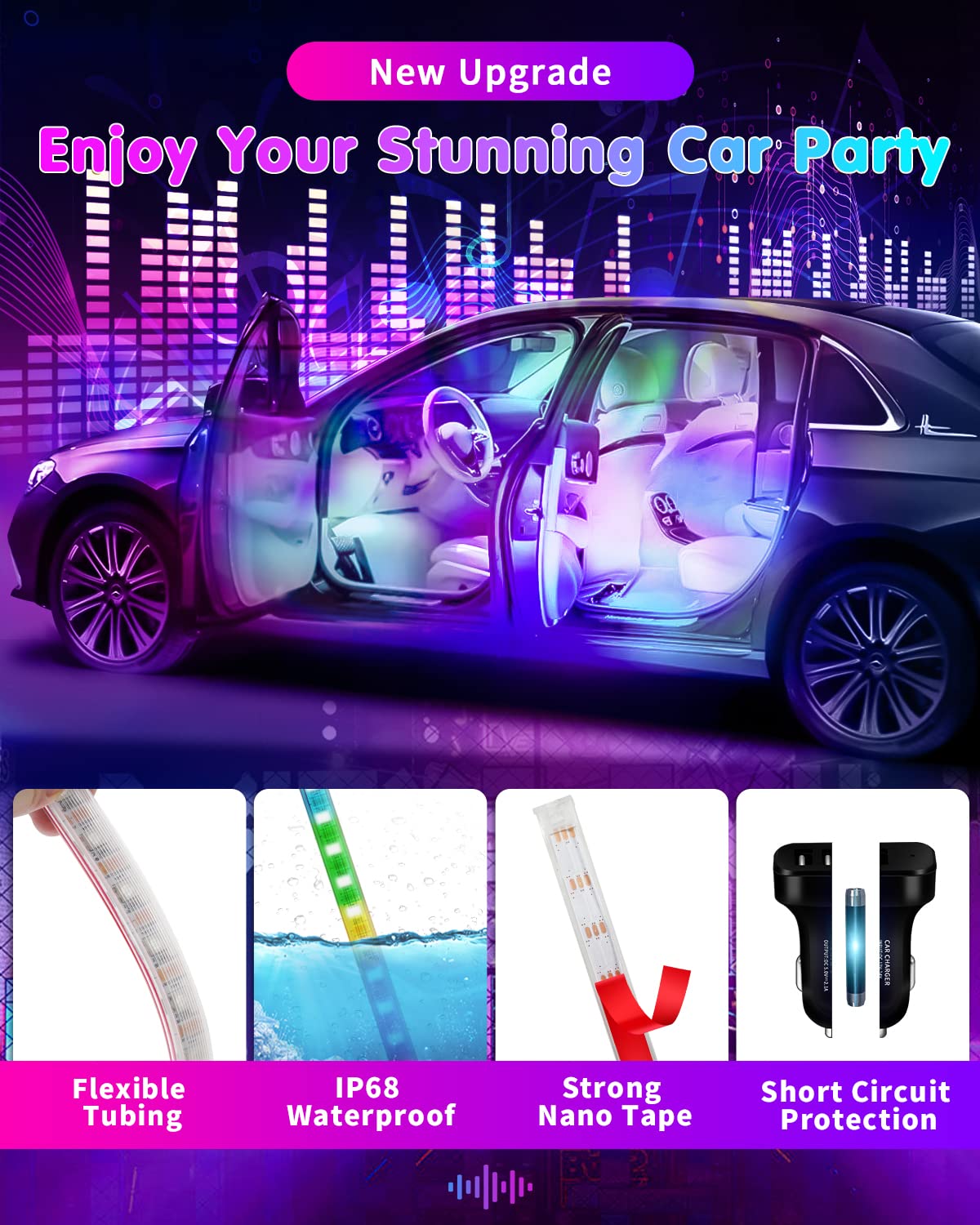 RGB Interior Car Strip Lights with Smart APP Control, Music Sync Under Dash Footwell Neon Internal Lighting Kit 2 Lines Design,12V LED Strip Lights for Cars, Trucks, SUVs with Car Charger(1 Set)