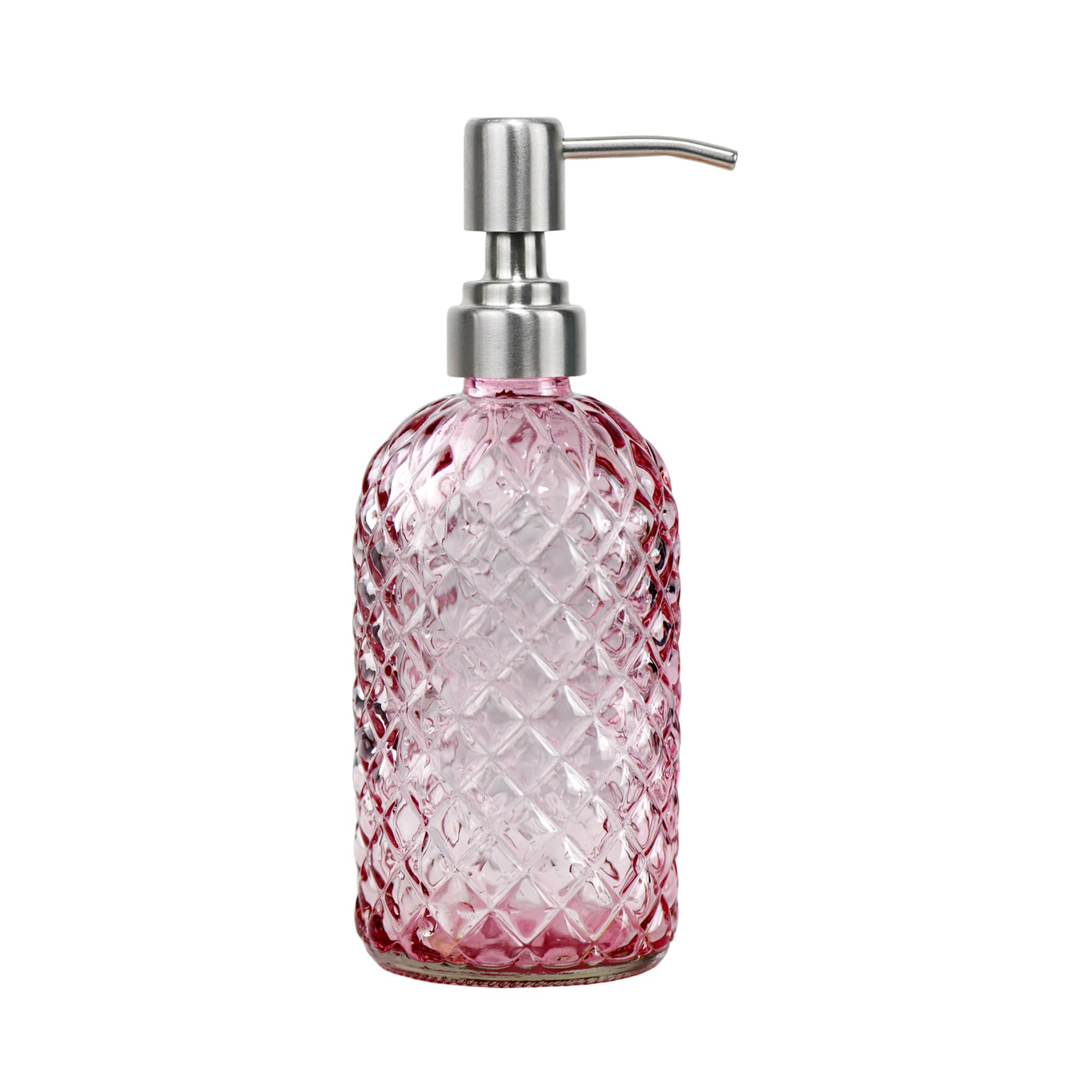 16 oz Diamond Pattern Glass Soap Dispenser, Kitchen and Bathroom Refillable Soap Dispenser with Rust Resistant Stainless Steel Pump for Hand Soap, Lotion Glass Liquid Dispenser(Amber)