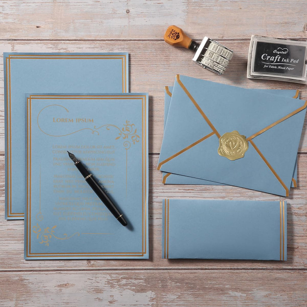50 Pack Stationery Set with Envelopes, Cream Color, 8.5x11 Inches | Gold Border, #10 Business Envelopes and 8.5x11 Paper Sheets, Stickers for Letter Writing, Invitations