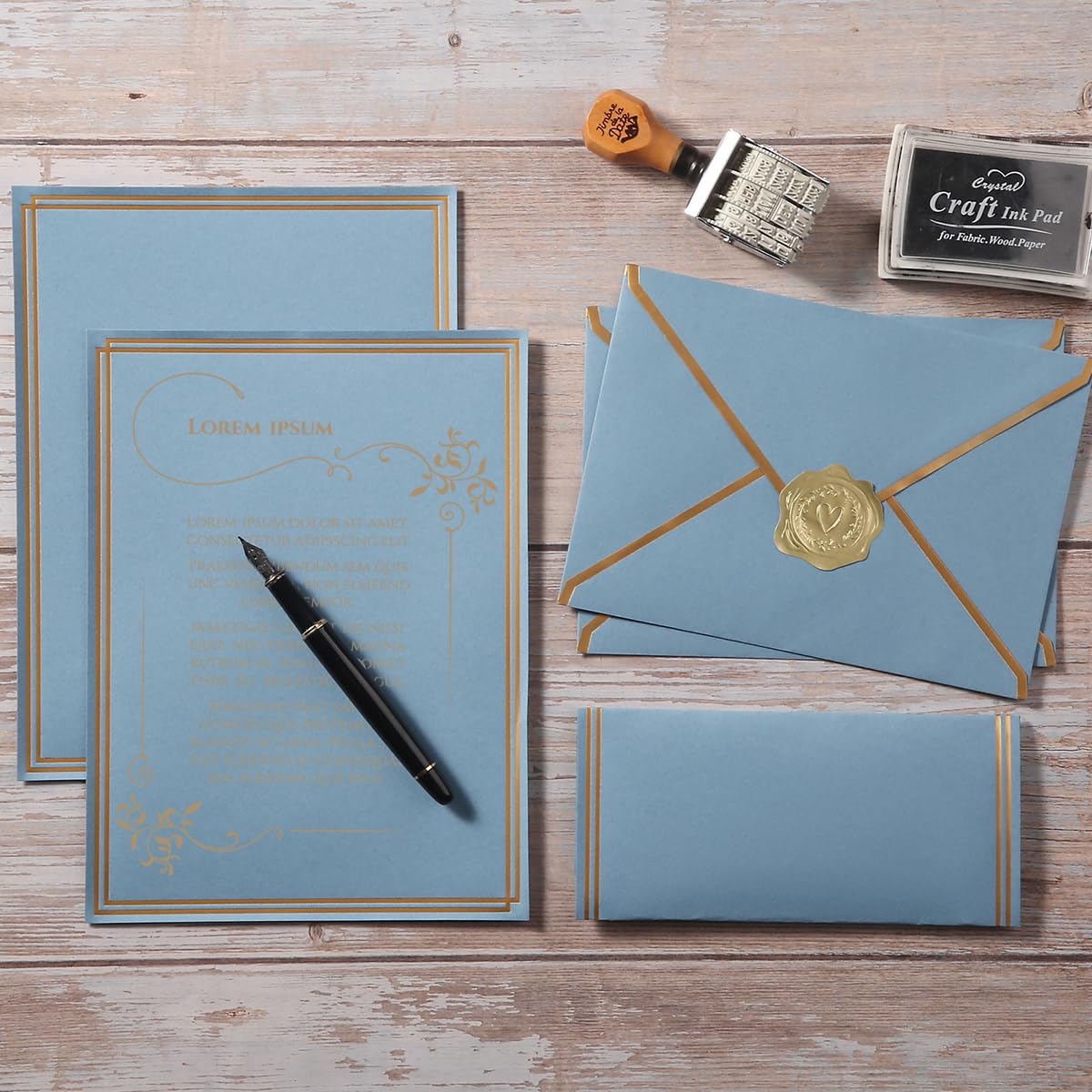 50 Pack Stationery Set with Envelopes, Cream Color, 8.5x11 Inches | Gold Border, #10 Business Envelopes and 8.5x11 Paper Sheets, Stickers for Letter Writing, Invitations