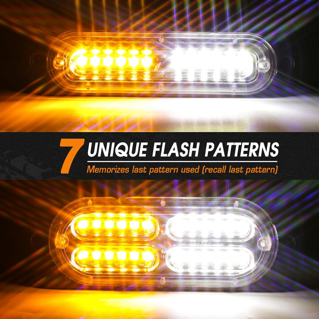 LINKITOM 12pcs Ultra Slim Sync Feature Surface Mount LED Emergency Beacon Hazard Warning Flashing Strobe Lights with Waterproof Controller and Long Heavy Cable for Car Truck Vehicle, Amber/White