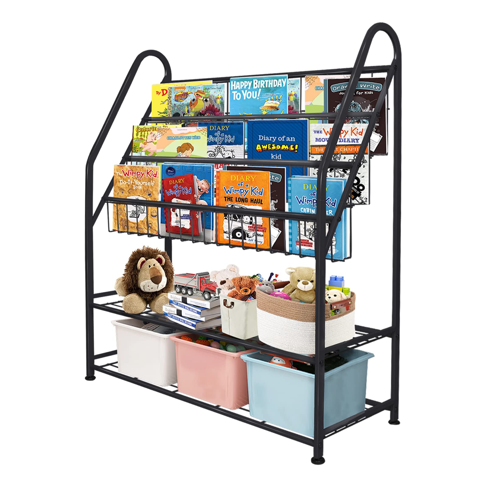 aboxoo Metal Kids Bookshelf Black Large Freestanding for Children Room 32 in Toy Organizer Large Stable Bookcase Bookstore Library Book Unit Storage Kids Bed Living Room