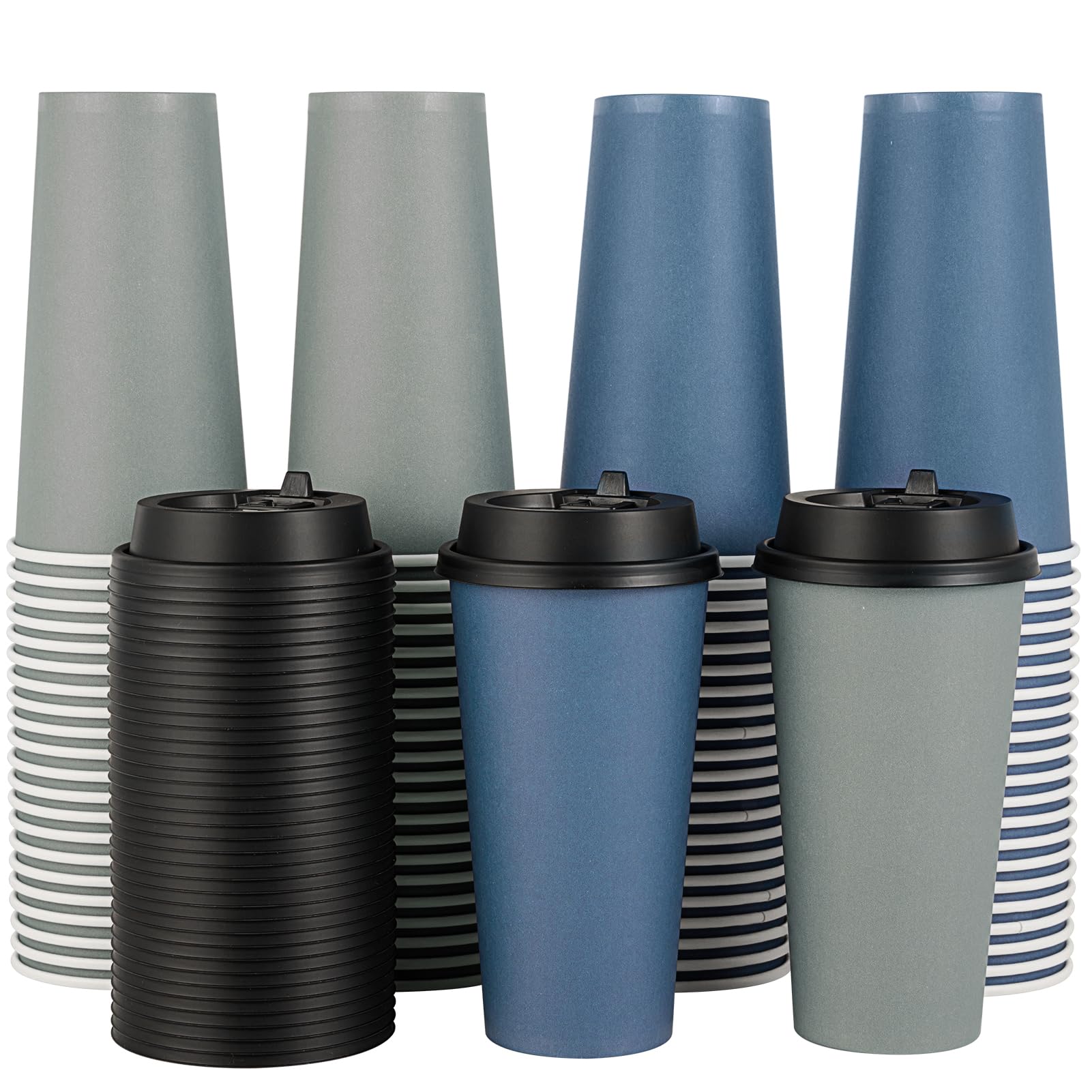 LITOPAK 100 Pack 10 oz Disposable Paper Coffee Cups with Lids for Coffee, Water, Juice, or Tea, Blue and Gray Hot Paper Cups for Home, Restaurant, Store, and Cafe