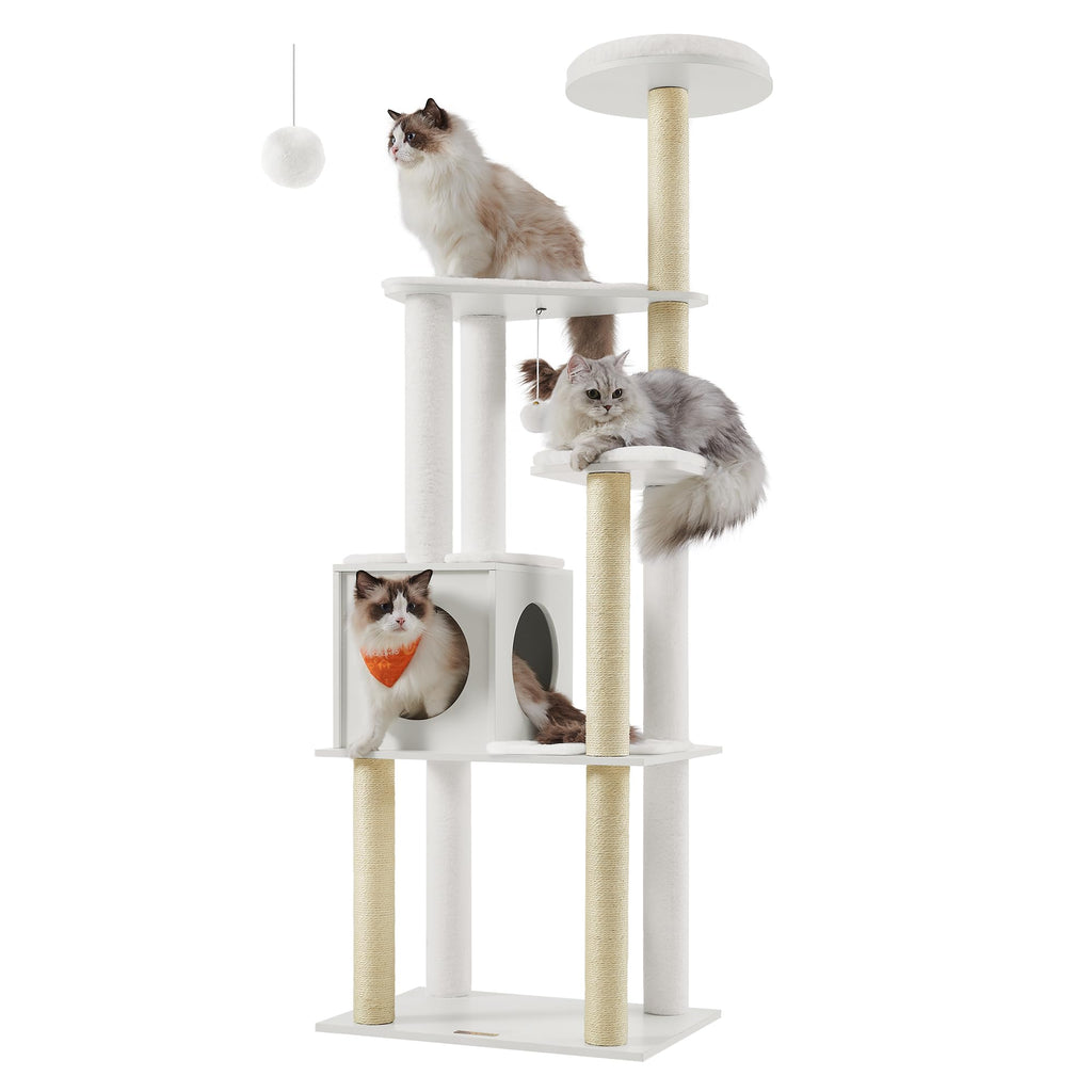 Feandrea Cat Tree, 65-Inch Modern Cat Tower for Indoor Cats, Multi-Level Cat Condo with 5 Scratching Posts, Perch, Washable Removable Cushions, Cat Furniture, Cloud White UPCT166W01