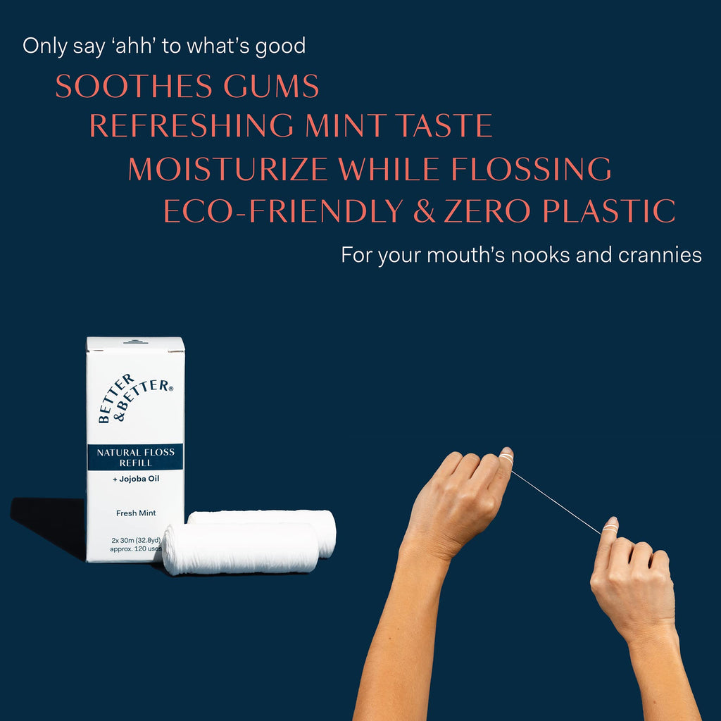 Better & Better Natural Floss in Refillable Glass Jar | Waxed & Zero Plastic Oral Care - 100% Plant-Based, Vegan, Eco and Non Toxic Dental Floss, 1 Spool