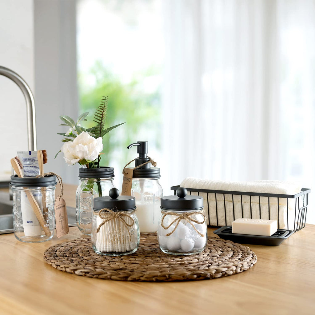 SheeChung 6Pcs Mason Jars Bathroom Accessories Set Complete - Toothbrush Holder, Lotion Soap Dispenser, 2 Mason Jars, Soap Dish, Toilet Paper Basket, Rustic Farmhouse Decor (Black, 6Pcs Bathroom Set)