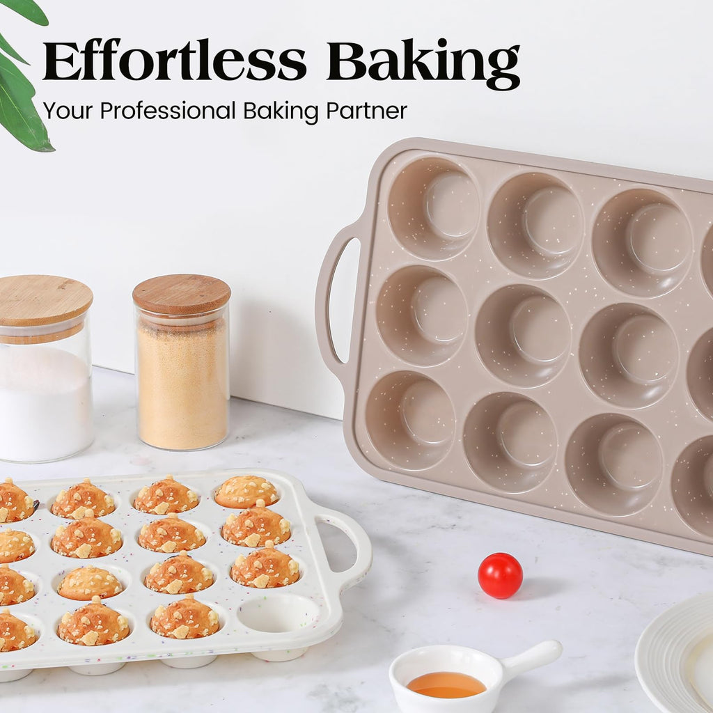 Vinino Silicone Muffin Pans for Baking with Metal Reinforced Frame, 12 Cups Regular Size Nonstick Brown Silicone Cupcake Pan, BPA Free Oven Dishwasher Safe Baking Mold for Muffins Cupcakes
