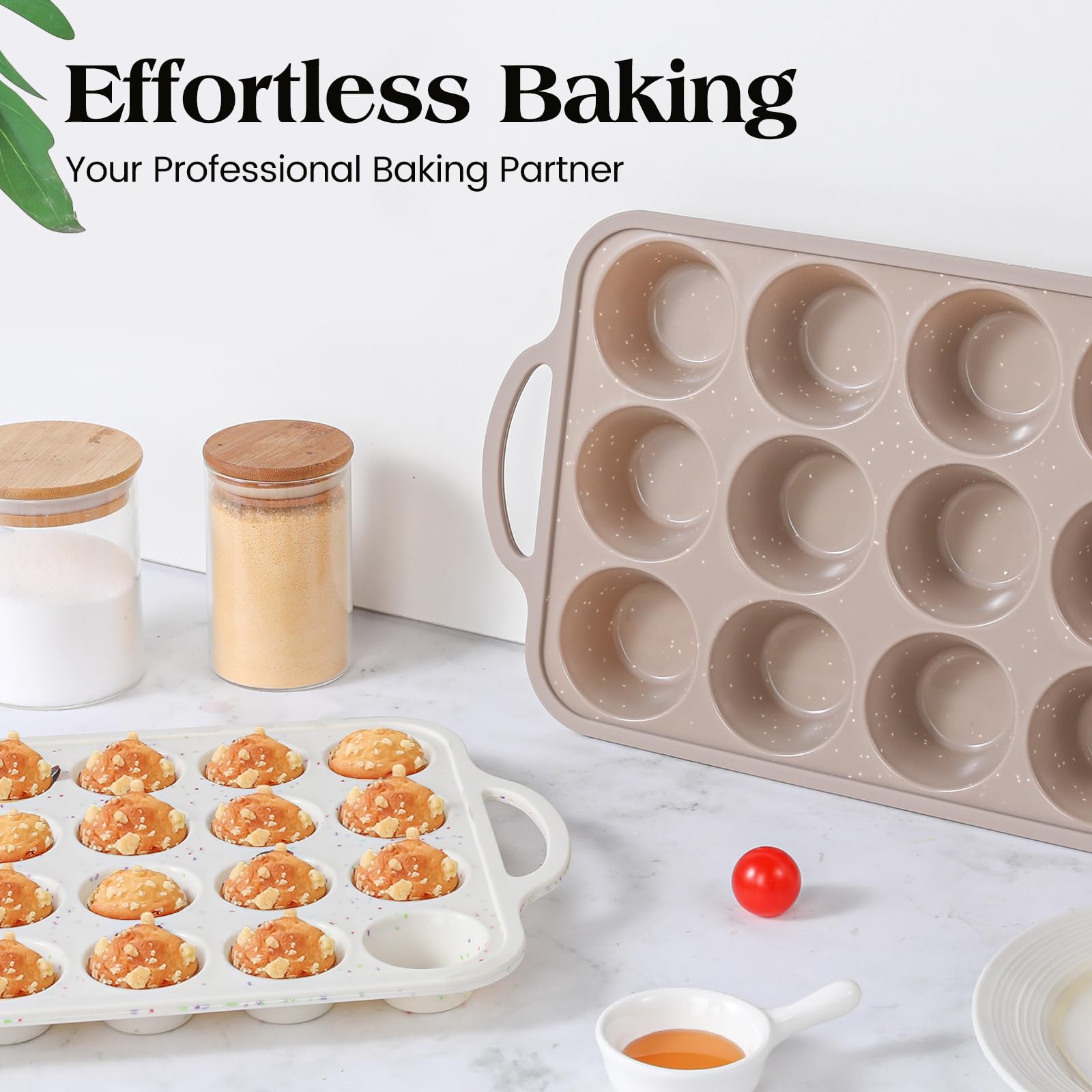 Vinino Silicone Muffin Pans for Baking with Metal Reinforced Frame, 12 Cups Regular Size Nonstick Brown Silicone Cupcake Pan, BPA Free Oven Dishwasher Safe Baking Mold for Muffins Cupcakes
