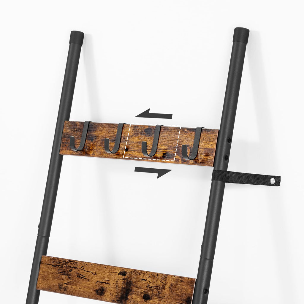 HOOBRO Blanket Ladder, 5-Tier Towel Rack with Hooks, Wall-Leaning Blanket Rack, Decorative Display Ladder Shelf, Scarves, Industrial, Living Room, Bedroom, Black BB52CJ01